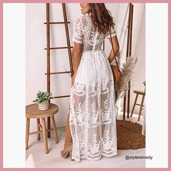 Lace Romper Dress with V-Neck and Sheer Back - Picture 5 of 7